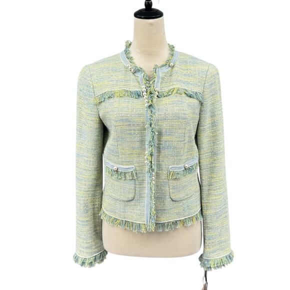 Worth New York NWT Green Yellow Boucle Tweed Fringe Trim Designer Blazer Jacket - Picture 1 of 16